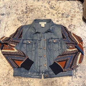 Flying Tomato Boho Denim Jacket with Multicolor Knit Sleeves